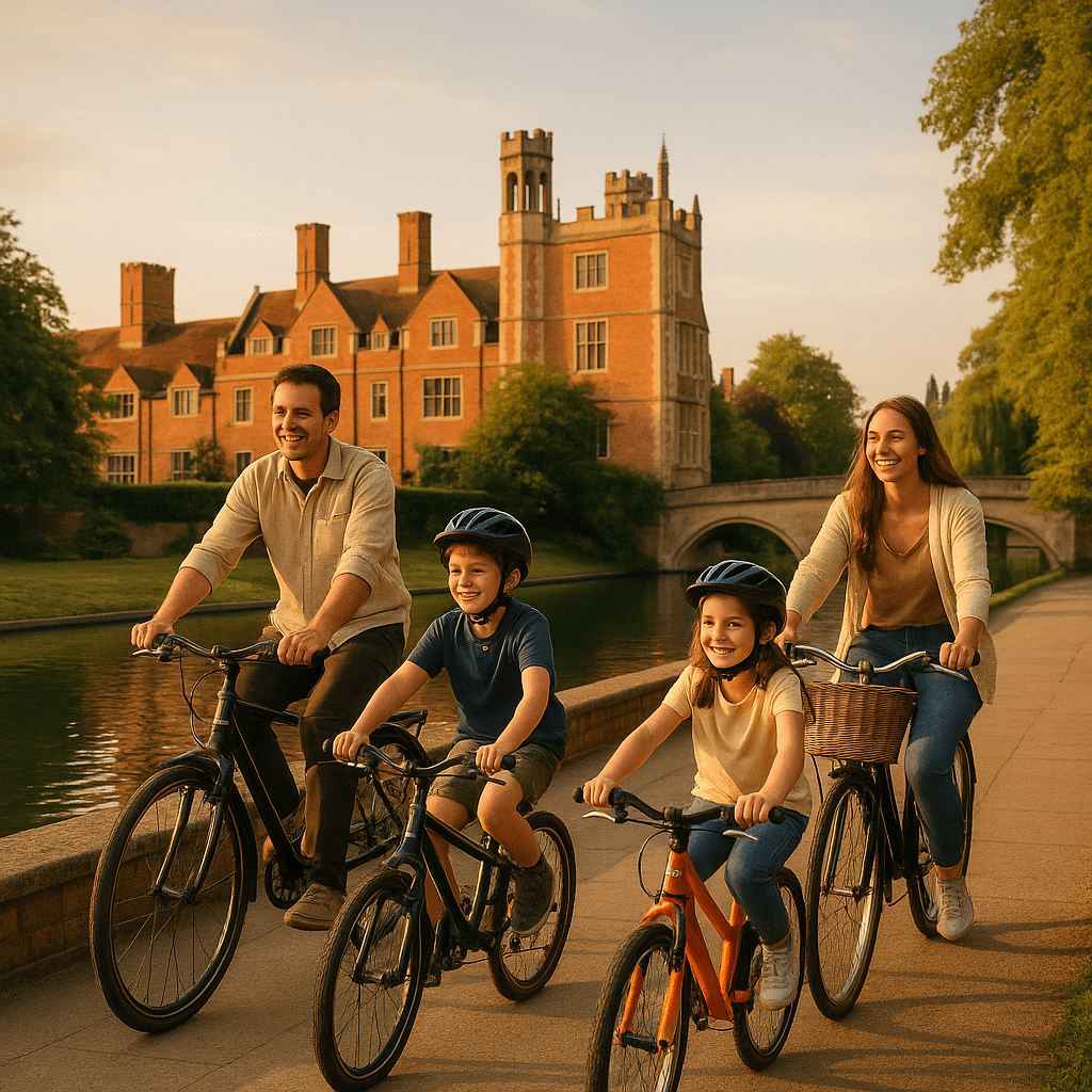 Familie fährt bei goldenem Abendlicht Fahrrad am Fluss in Cambridge entlang