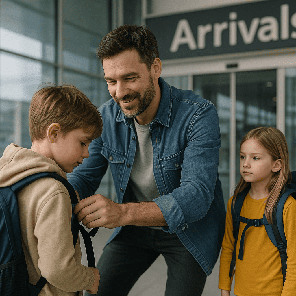 Vater hilft seinen Kindern mit Rucksäcken bei der Ankunft am Flughafen