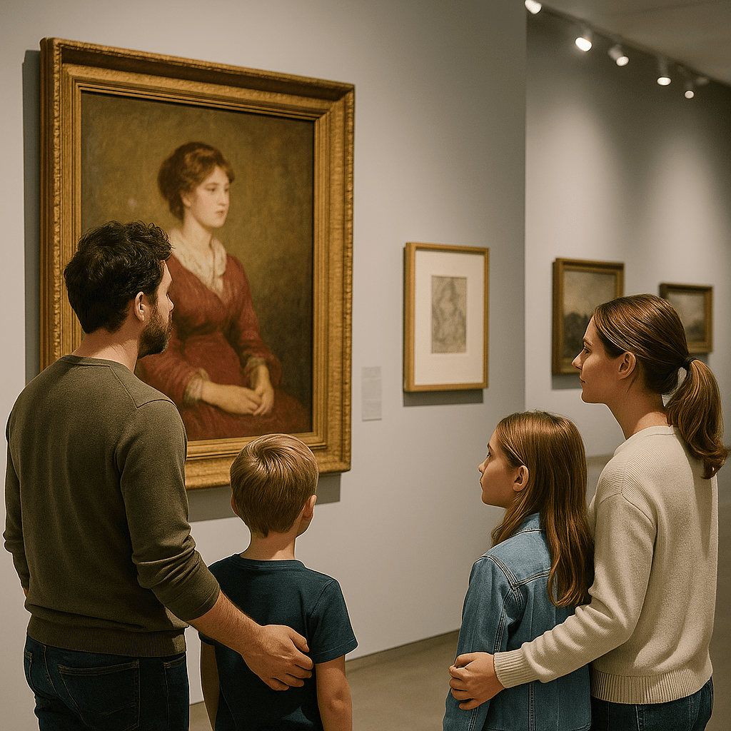 Familie betrachtet britische Kunst in der Tate Modern Galerie, beleuchtet mit Spotlights