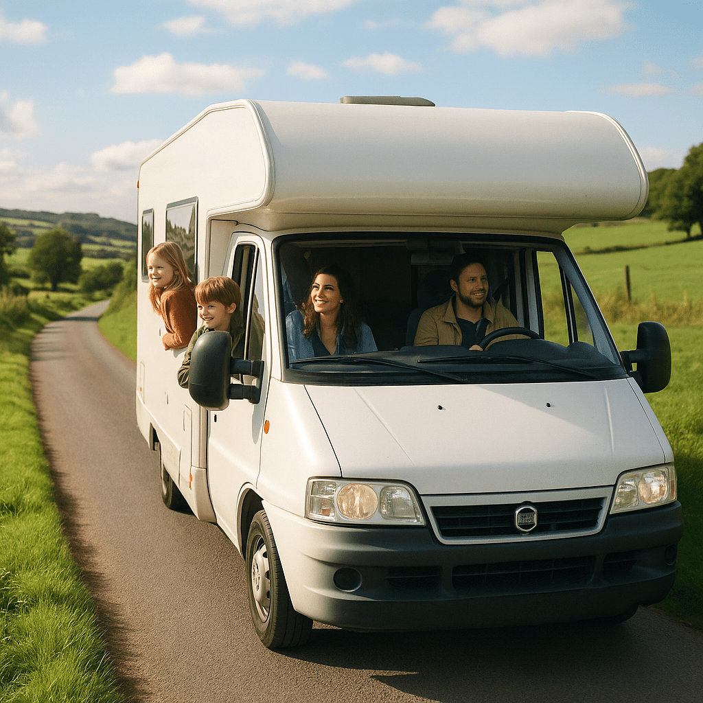 Familie im Campervan auf ländlicher Straße in den herbstlichen Cotswolds