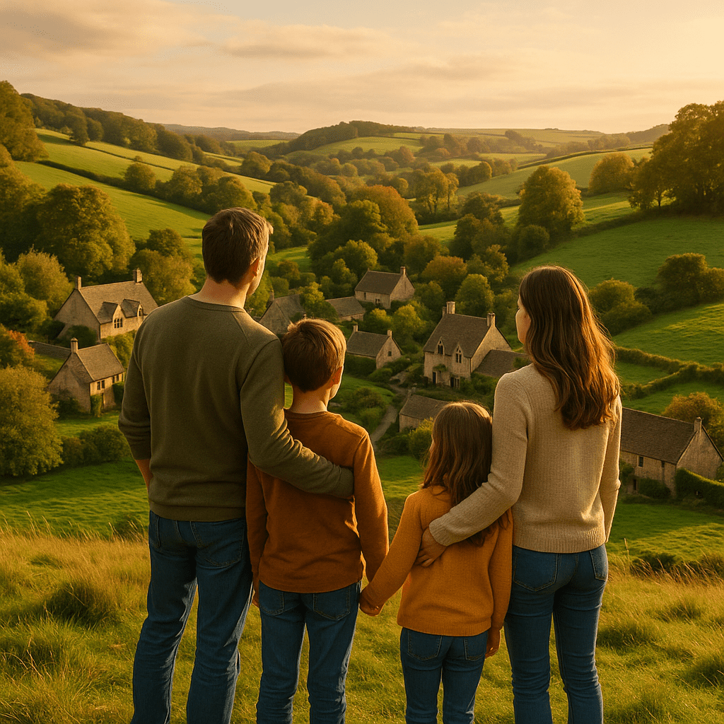 Familie mit Kindern erkundet englisches Dorf in grüner Hügellandschaft bei Sonnenuntergang