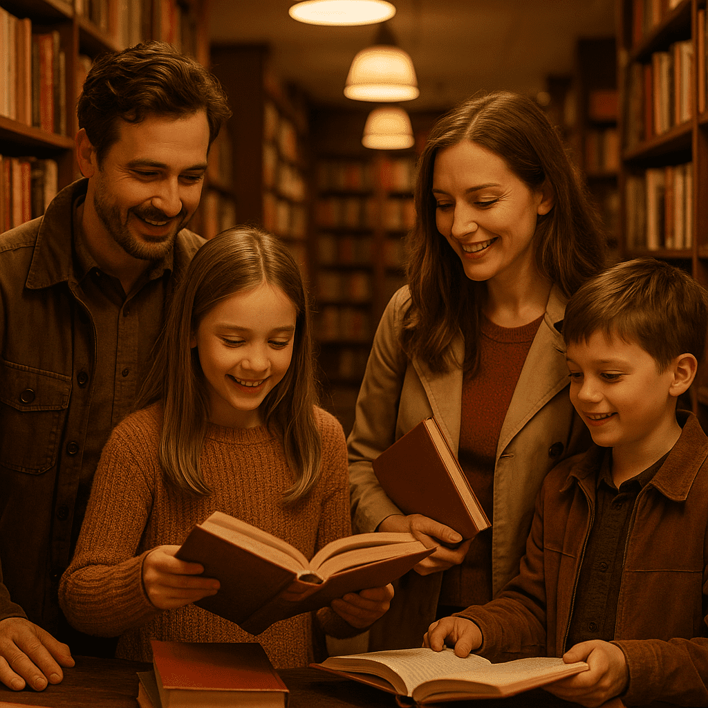 Familie stöbert gemeinsam in einem gemütlichen britischen Buchladen