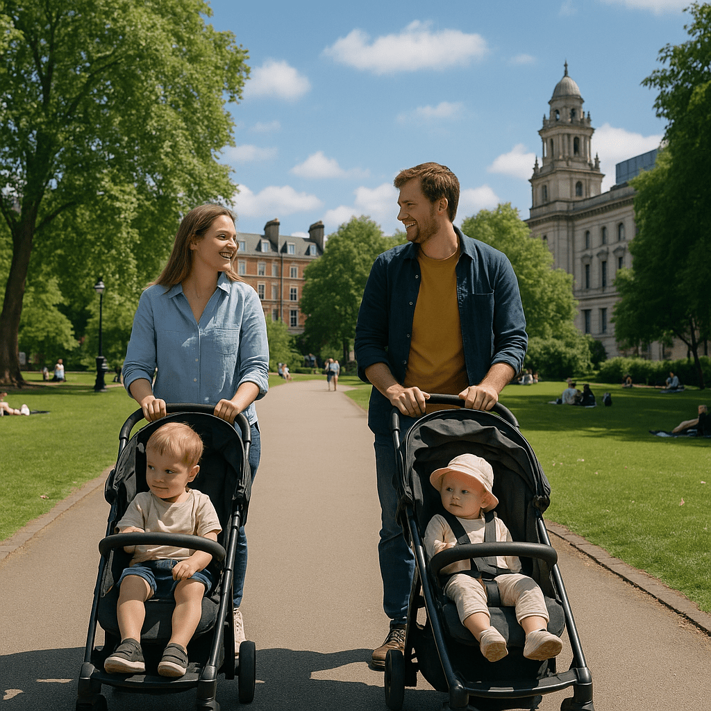 Familie mit Kinderwagen spaziert mittags durch einen grünen Park in Großbritannien