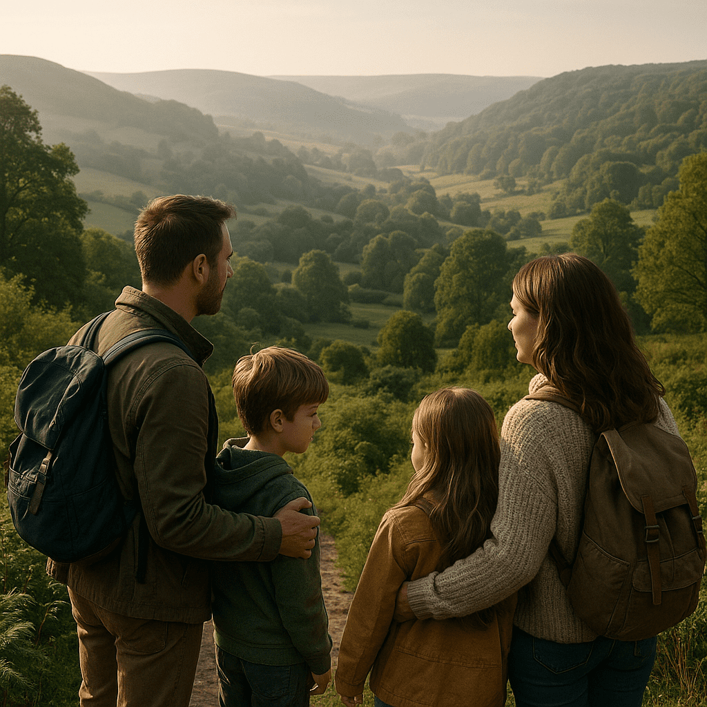 Familie mit Kindern erkundet bei Morgenlicht britische Landschaft mit Hügeln und Wäldern