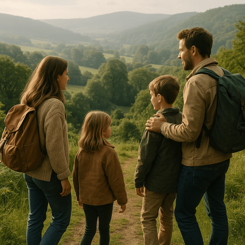 Familie mit Kindern wandert durch grüne Hügel und Wälder im britischen Morgenlicht