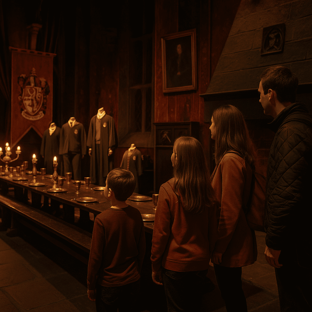 Familie besucht die Harry Potter Studio Tour in London mit stimmungsvollem Filmset im Hintergrund