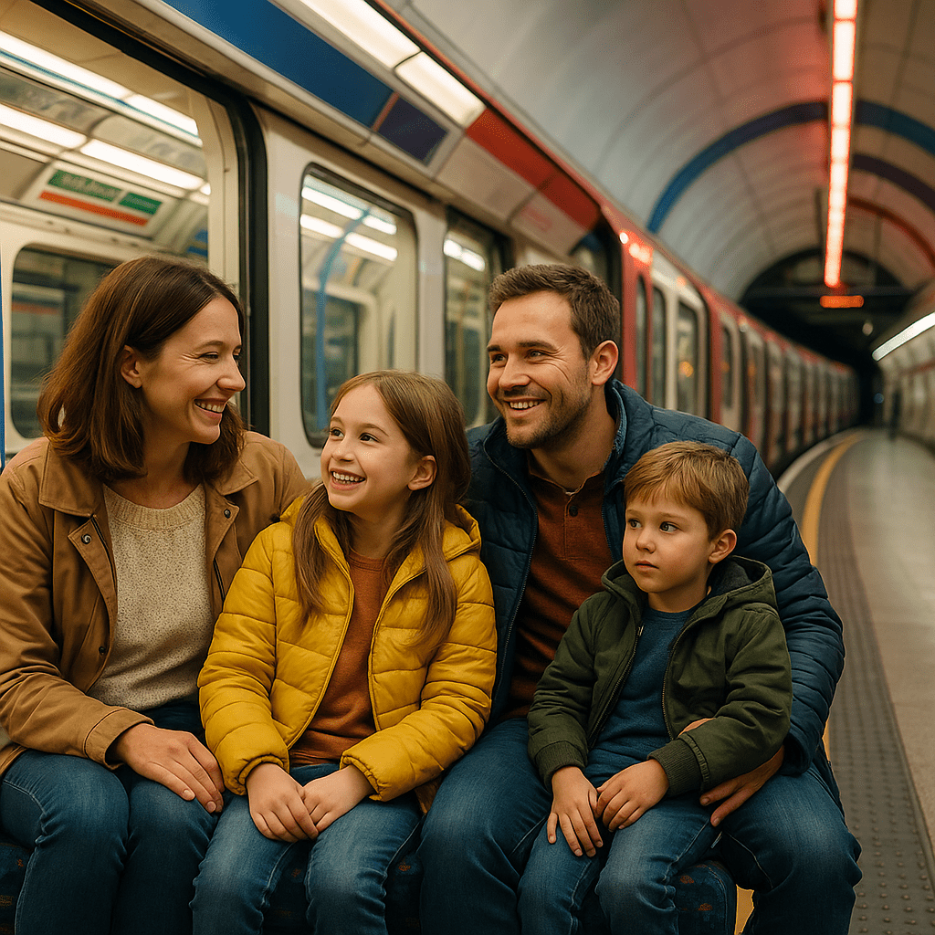 Familie fährt mit der Londoner U-Bahn mit neonbeleuchtetem Bahnsteig