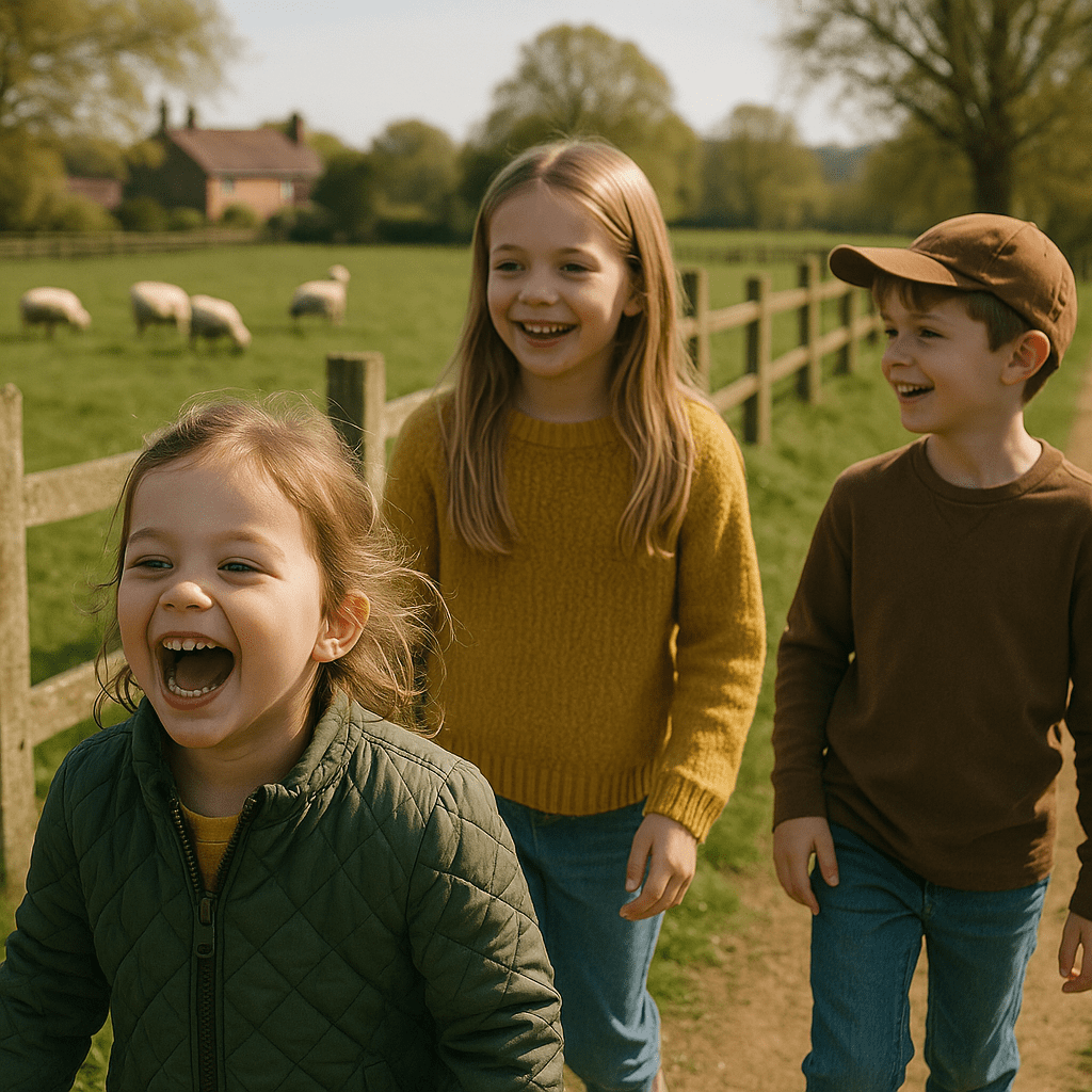 Kinder erkunden Bauernhof in britischer Landschaft bei Tageslicht