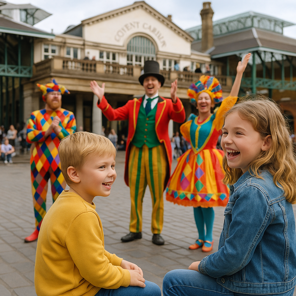 Kinder beobachten bunte Straßenkünstler auf dem Covent Garden Platz in London am Tag