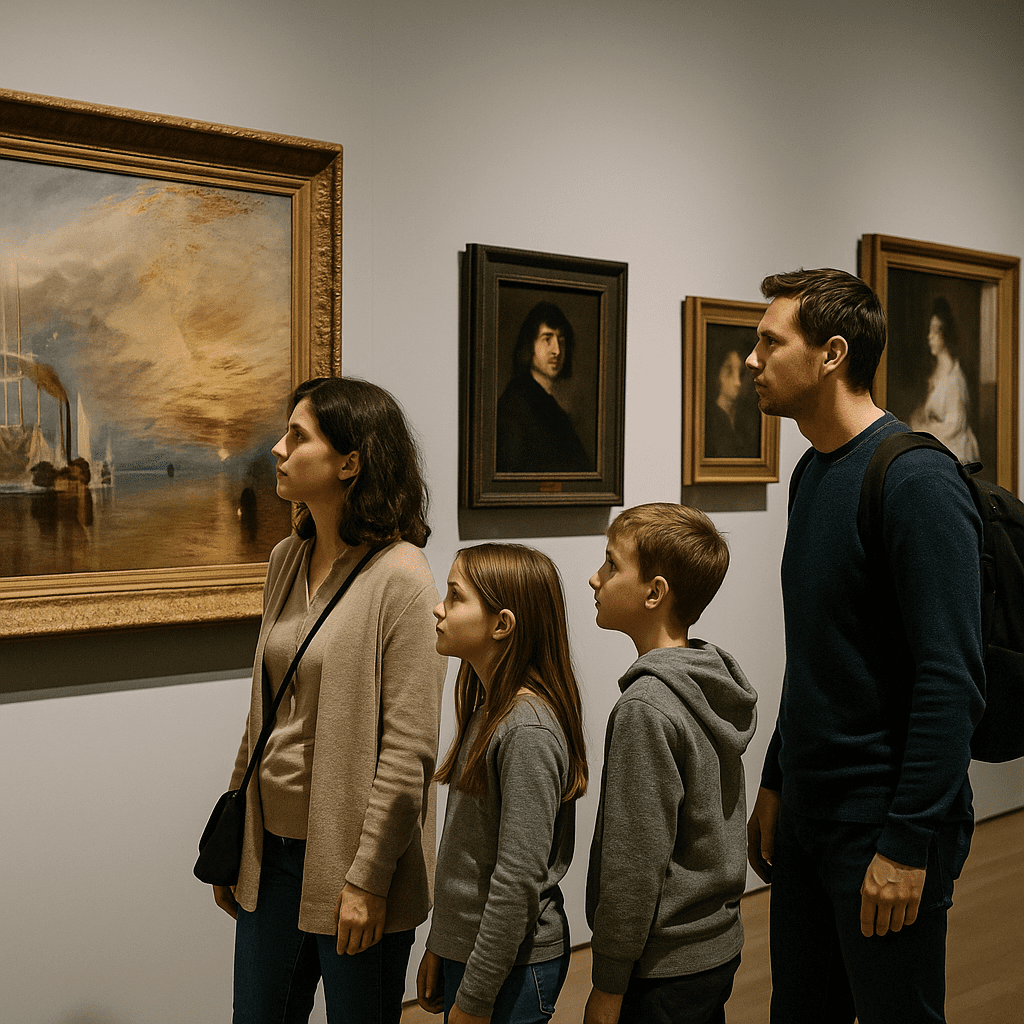 Familie betrachtet britische Kunstwerke in der Tate Modern Galerie in London