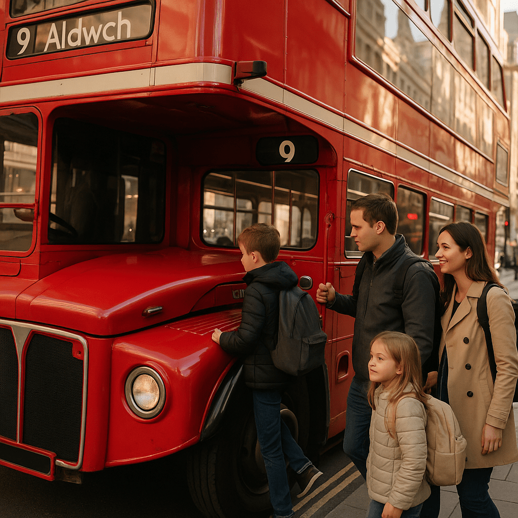 Familie mit Kindern steigt in roten Doppeldeckerbus im sonnigen London ein