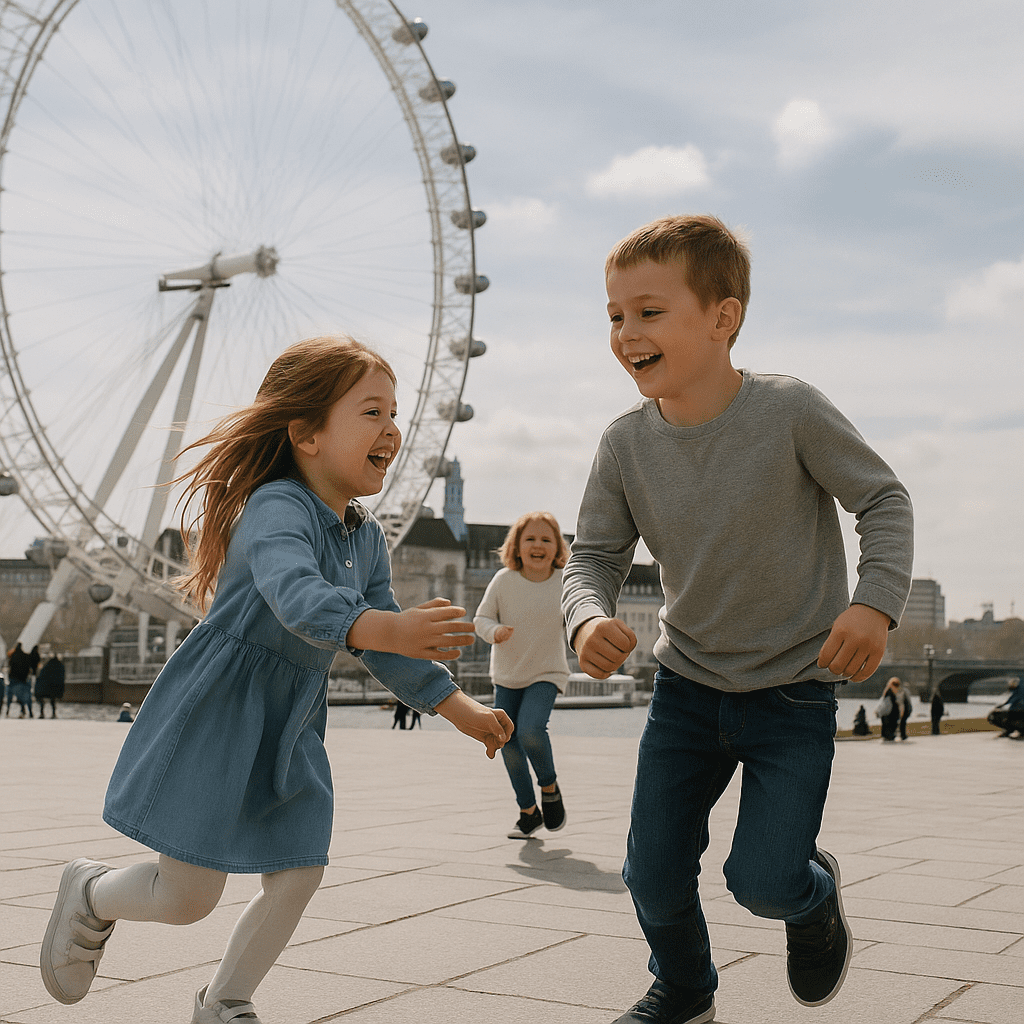 Kinder spielen vor dem London Eye an einem sonnigen Nachmittag in London
