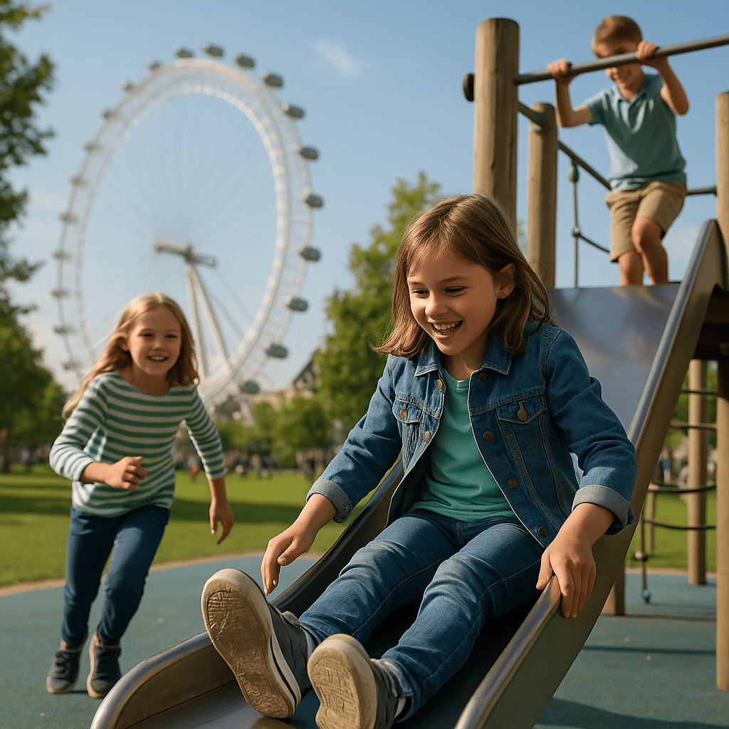 Kinder spielen auf einem Spielplatz im Stadtpark nahe dem London Eye am Nachmittag