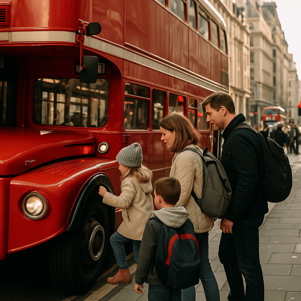 Familie steigt in London bei Sonnenlicht in roten Doppeldeckerbus ein