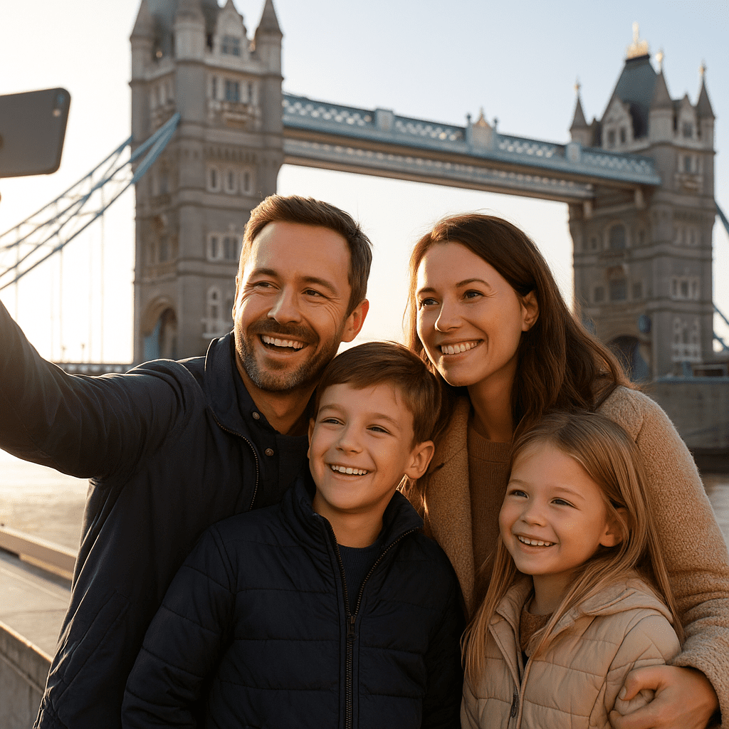 Familie macht Selfie vor der Tower Bridge bei Sonnenschein