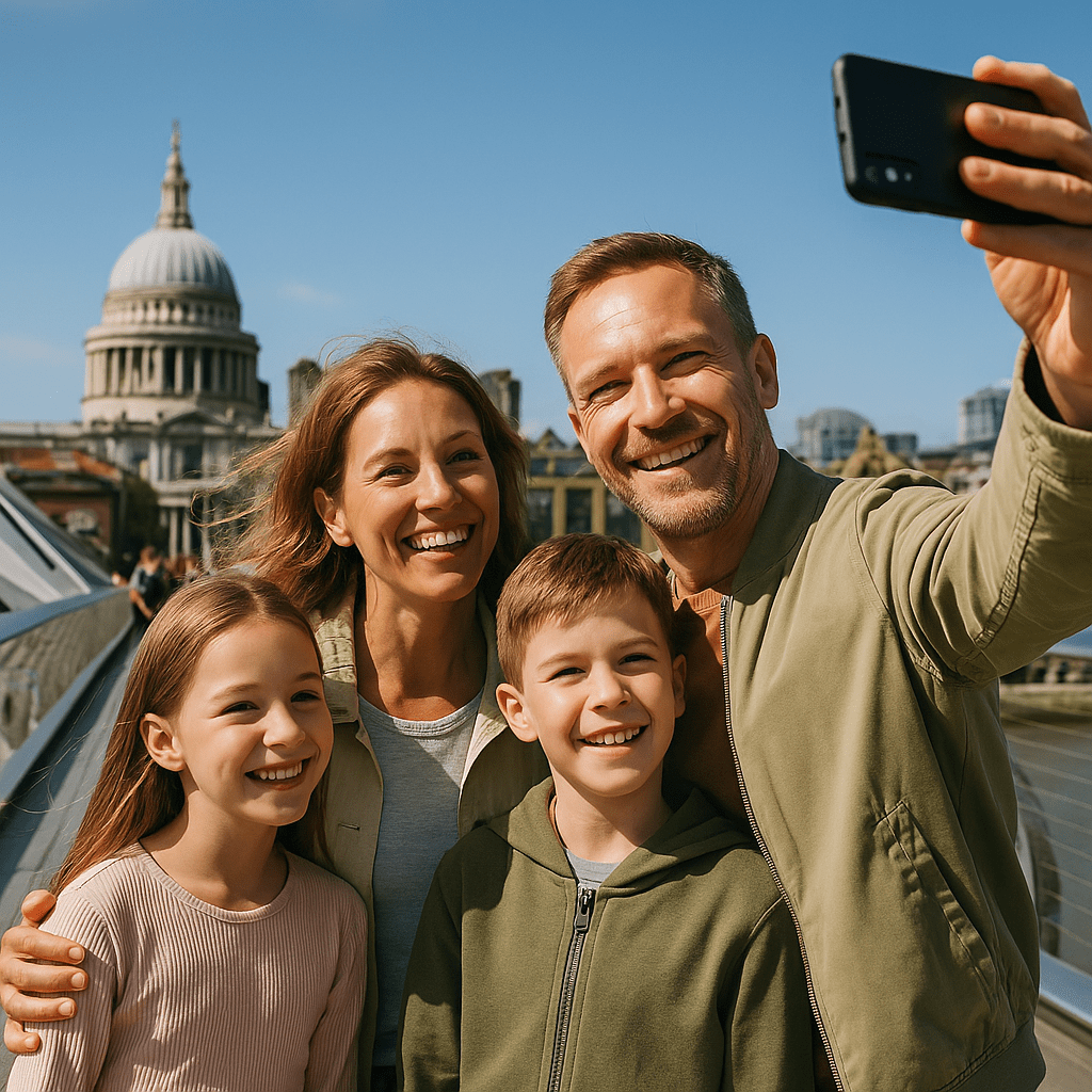Familie macht Selfie auf der Millennium Bridge in London bei Sonnenschein