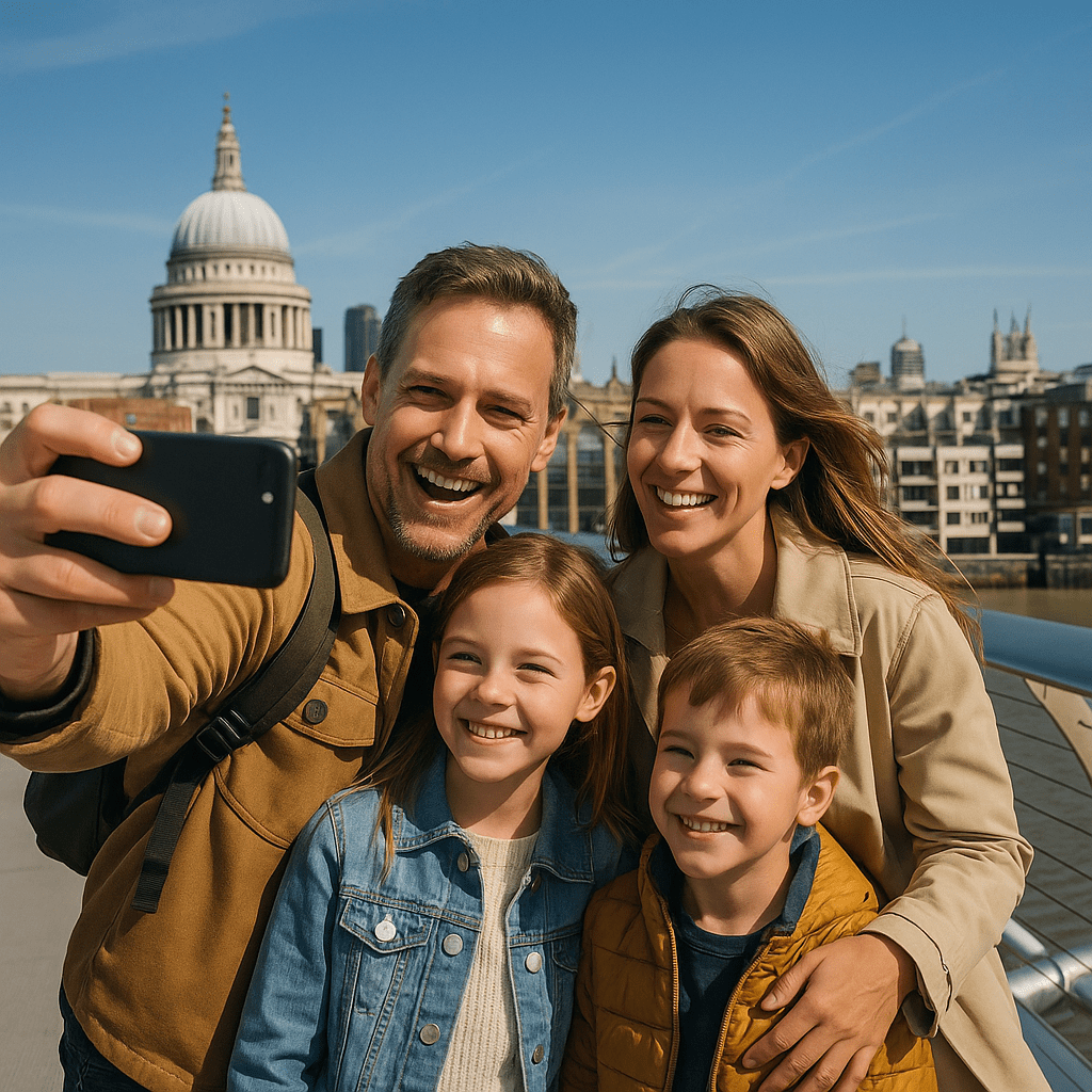 Familie macht Selfie auf der Millennium Bridge bei Sonnenschein