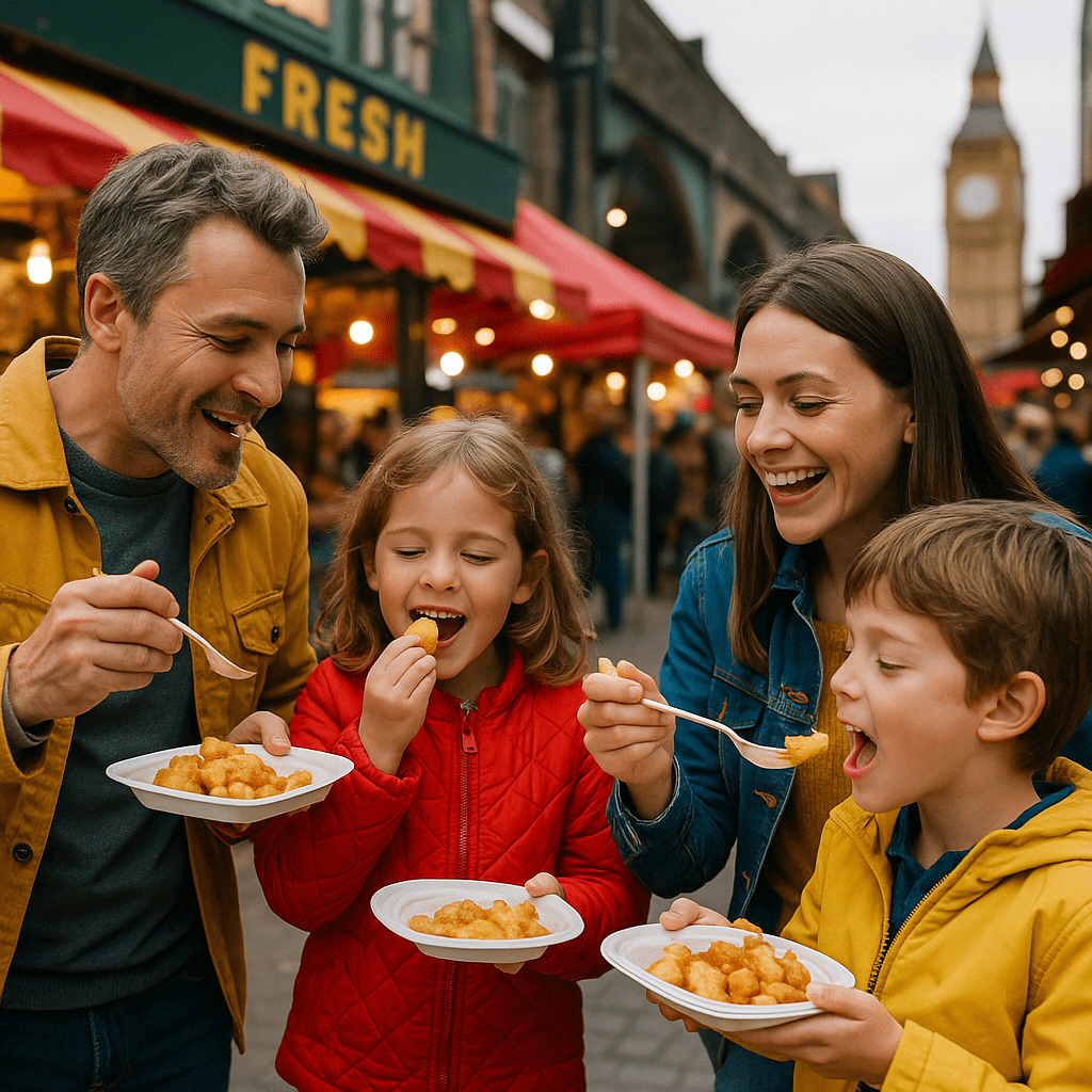 Familie genießt Mittagessen mit Street Food auf einem lebhaften Londoner Markt