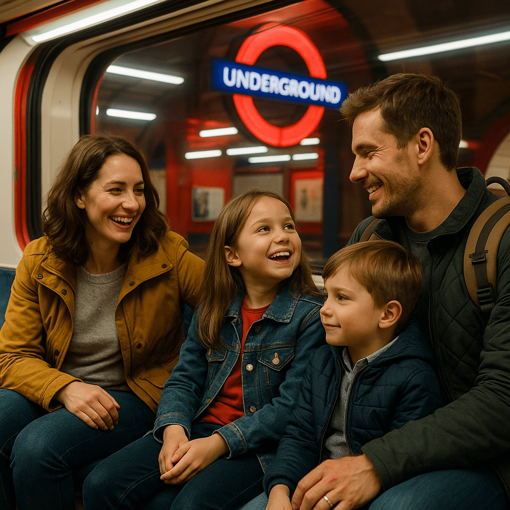 Familie fährt mit der Londoner U-Bahn durch neonbeleuchtete Station