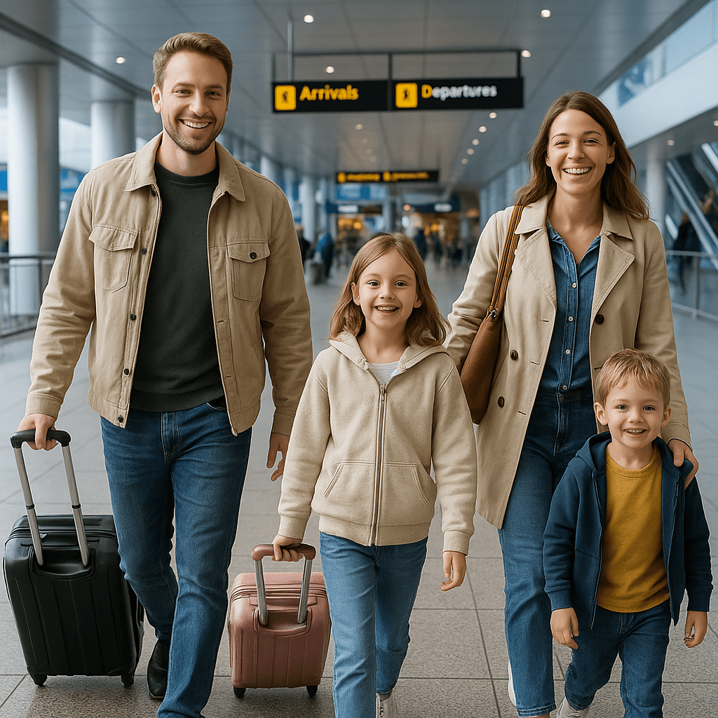 Deutsche Familie spaziert nach ETA-Abfertigung durch Heathrow-Terminal