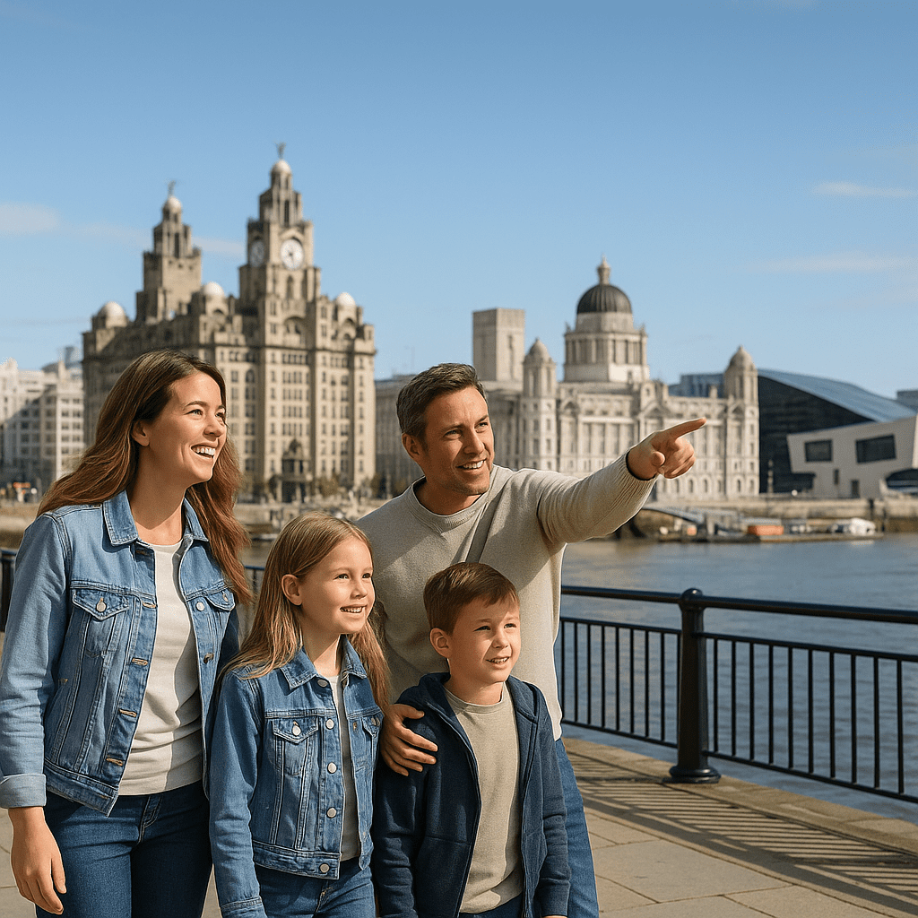 Familie am Liverpooler Hafen bei Tageslicht – UK-ETA-Reiseanmeldung