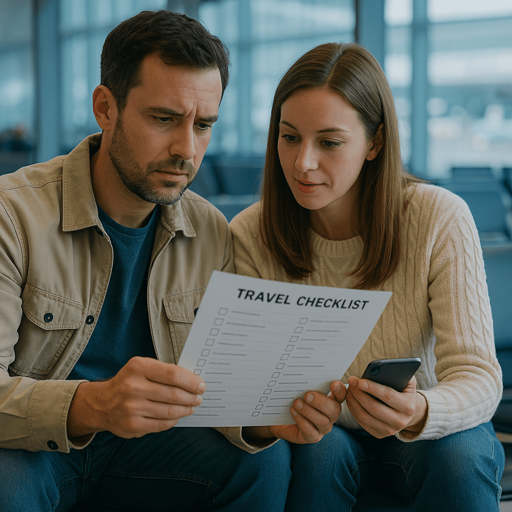Eltern prüfen Reiseliste mit Kind in Flughafenlounge vor Abflug