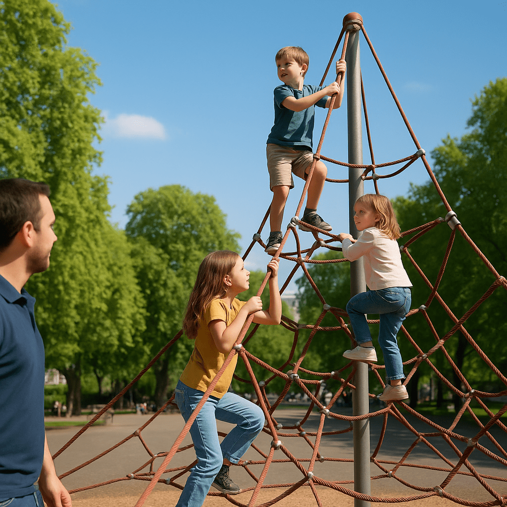 Kinder klettern spielerisch auf einem Spielplatz im Hyde Park bei Tageslicht
