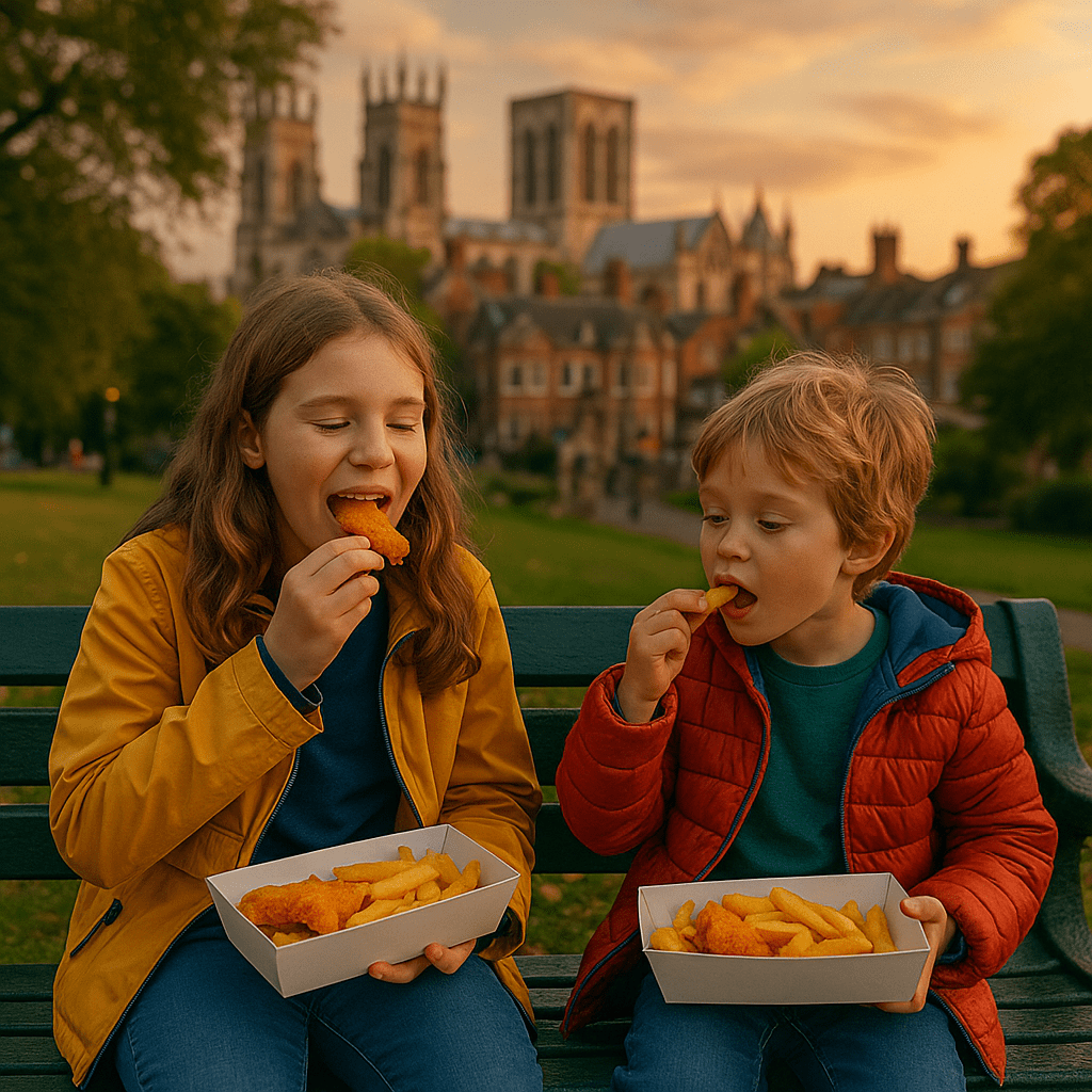 Kinder essen Fish and Chips auf Parkbank in York mit Stadtblick