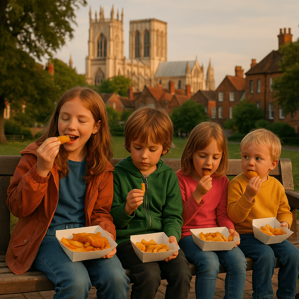 Zwei Kinder essen Fish and Chips auf einer Parkbank in York bei Abendlicht