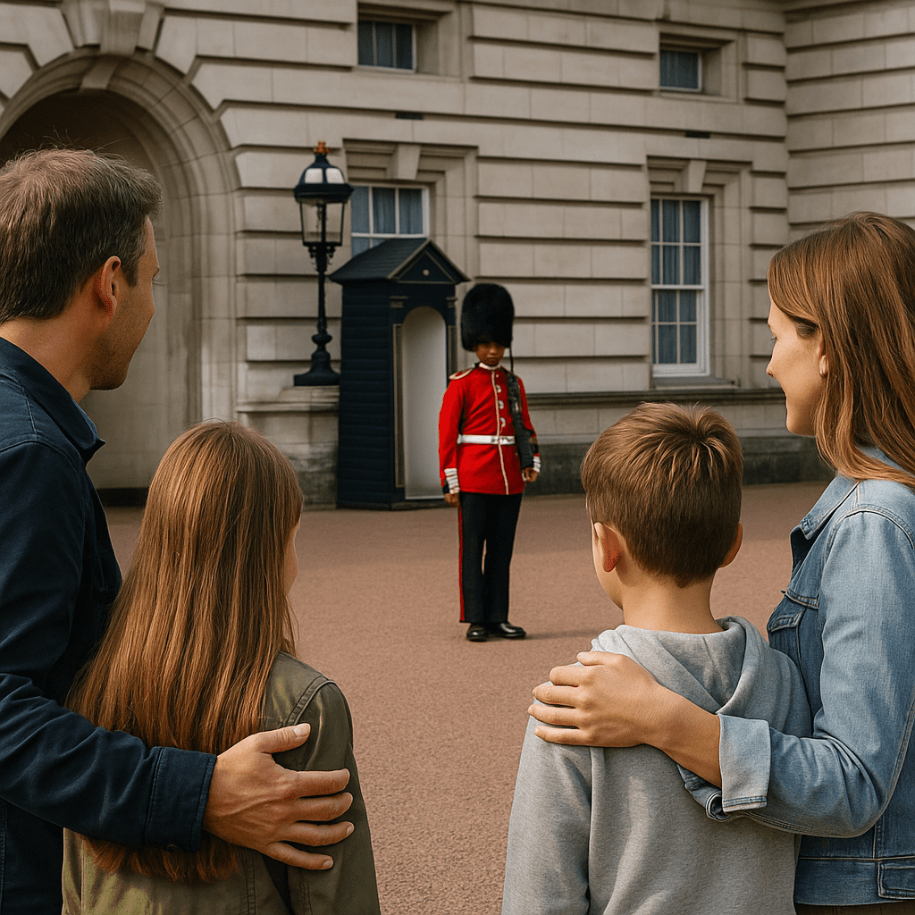 Familie beobachtet die königliche Garde im roten Uniform vor dem Buckingham Palace bei Tageslicht