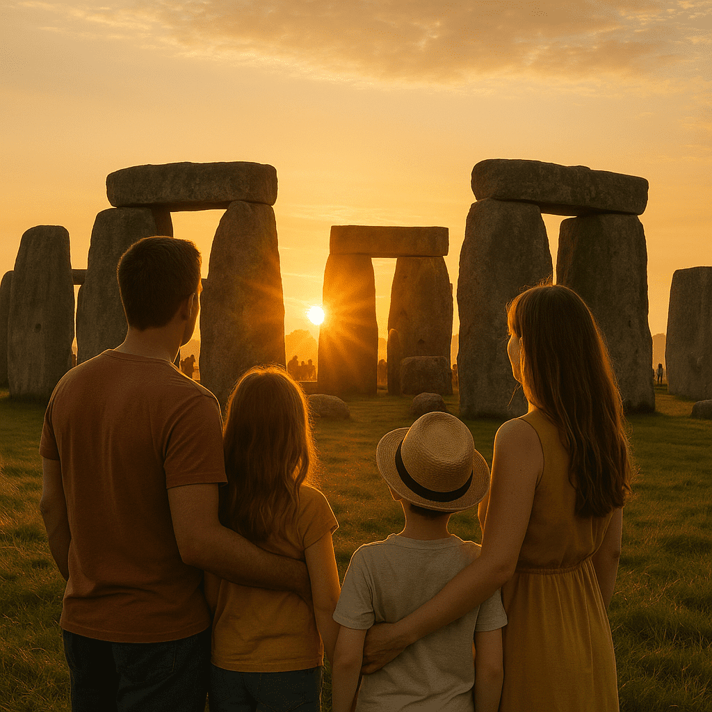 Familie mit Kindern bei Sonnenaufgang in Stonehenge im Sommer