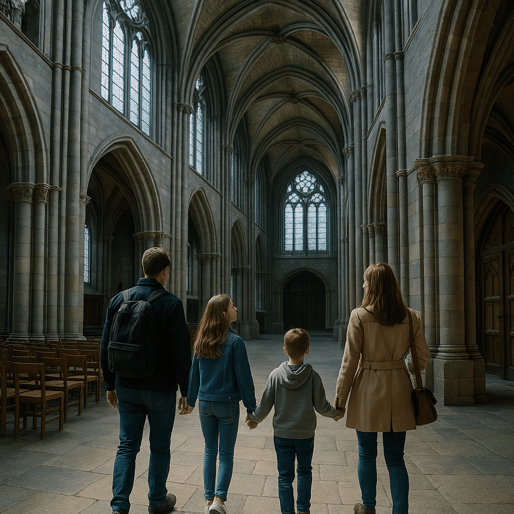 Familie betritt historische UK-Kathedrale mit natürlichem Licht