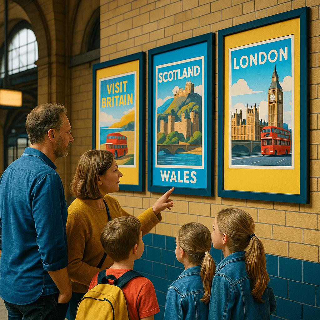 Deutsche Familie bewundert bunte UK-Reiseposter am Bahnhof