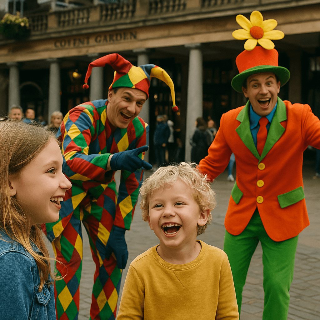 Kinder lachen mit Straßenkünstlern auf Covent Garden bei Tageslicht
