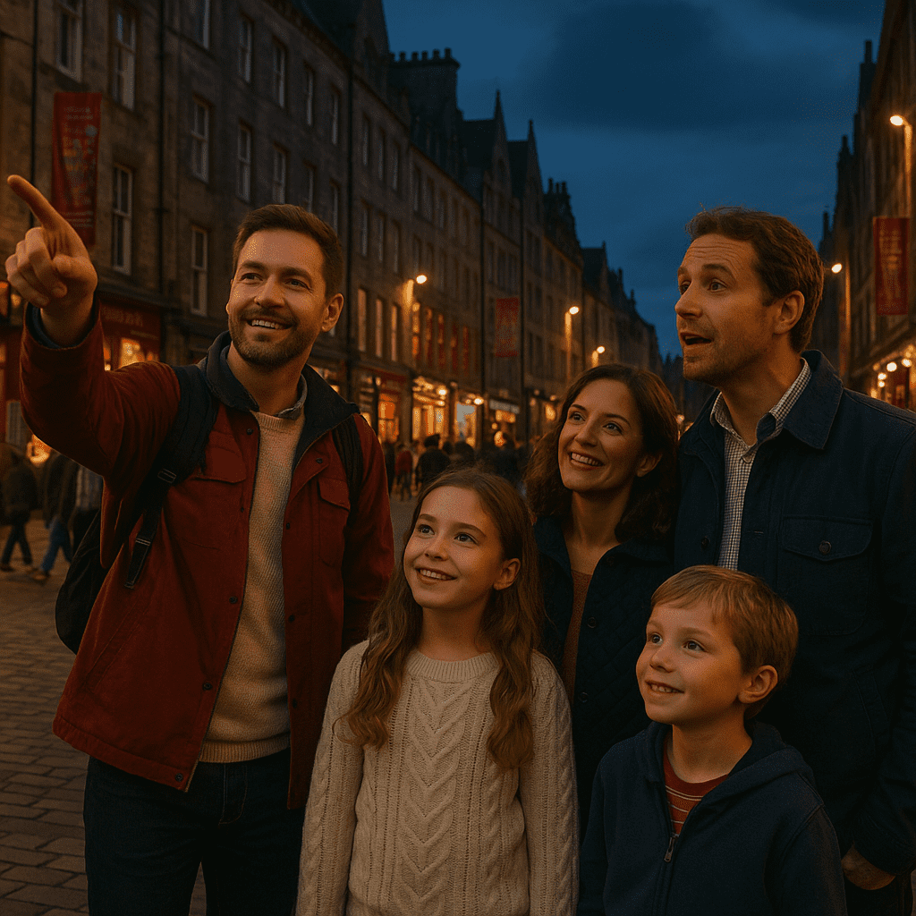 Deutsche Familie auf Stadtführung durch Edinburghs Royal Mile bei Abendlicht