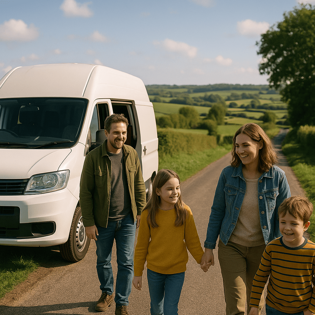 Familie reist im Campervan durch britische Landschaft am Nachmittag
