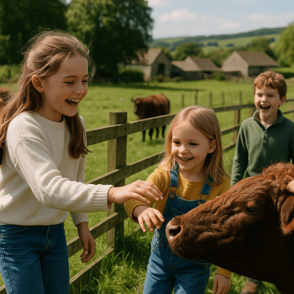 Kinder genießen einen Familienausflug auf einem Bauernhof in der britischen Landschaft