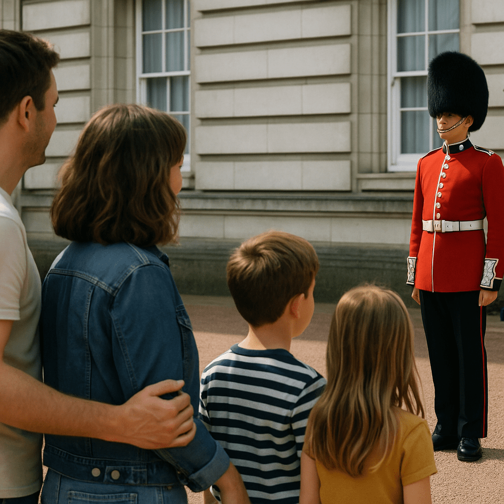 Familie betrachtet Royal Guard in roter Uniform am Buckingham Palace