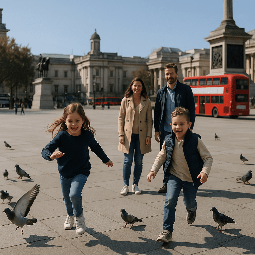 Kinder jagen Tauben auf dem Trafalgar Square, Eltern beobachten sie bei sonnigem Wetter