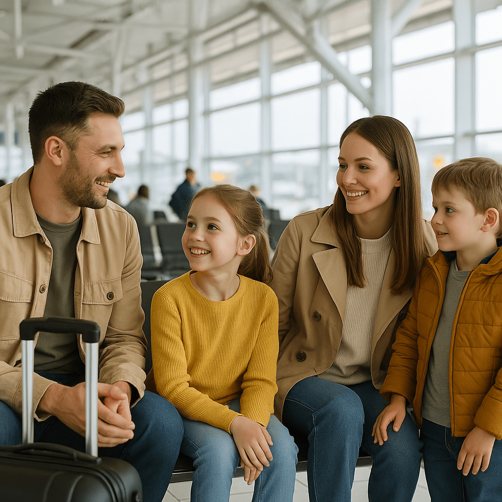 Familie sitzt mit Gepäck im Terminal eines britischen Regionalflughafens und wartet auf ihren Flug