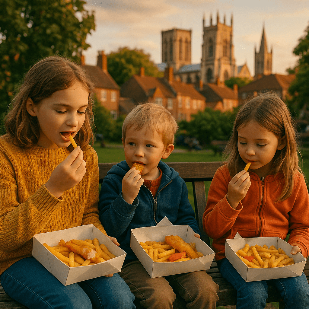 Zwei Kinder essen Fish and Chips auf Parkbank in York bei Sonnenuntergang