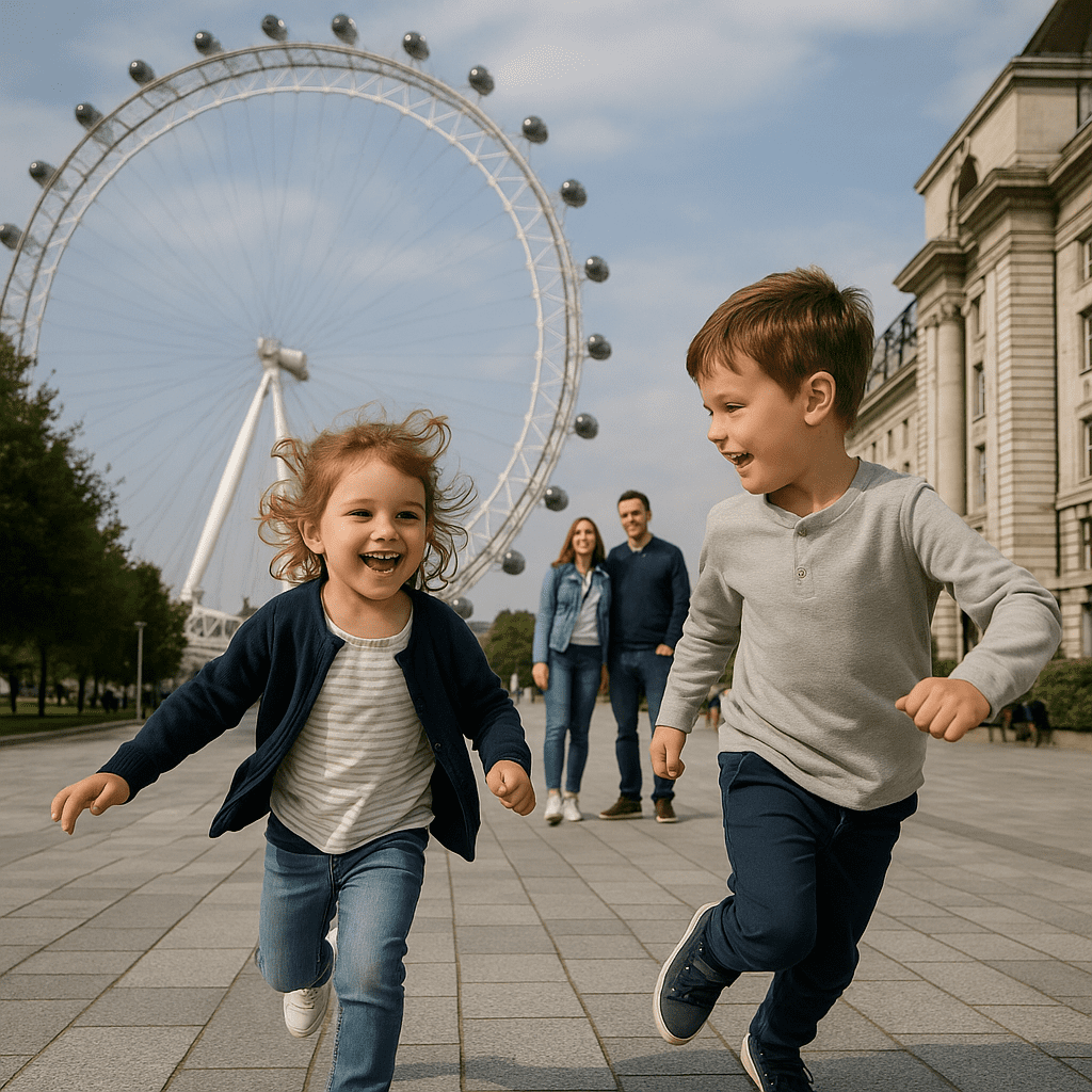 Kinder spielen am Nachmittag fröhlich vor dem London Eye, berühmte Sehenswürdigkeit in London