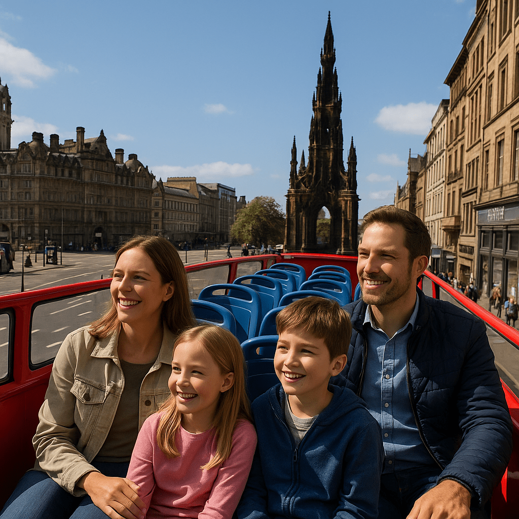 Familie auf einem roten Sightseeing-Bus in Edinburgh bei Tageslicht unterwegs