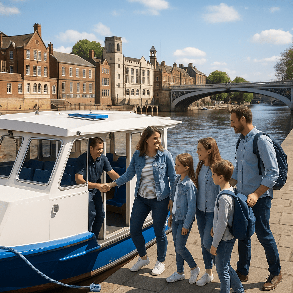 Familie besteigt ein Sightseeing-Boot am Fluss in York bei Tageslicht
