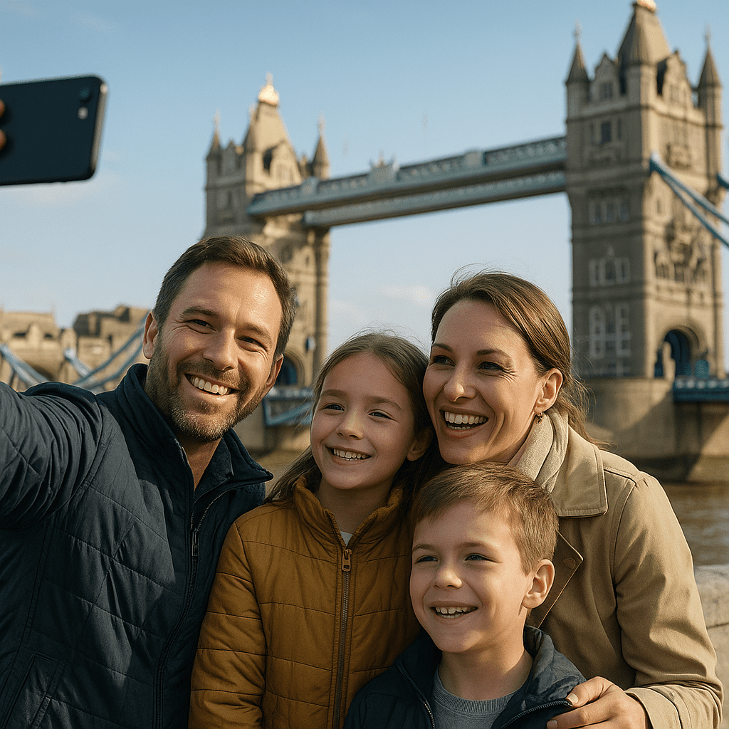 Familie macht Selfie mit der Tower Bridge in London am Nachmittag