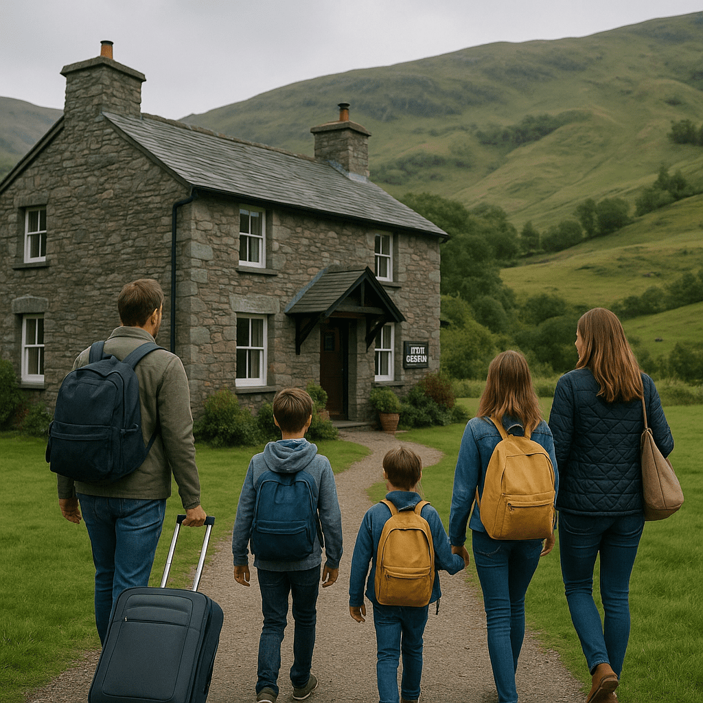 Familie kommt an gemütlichem B&B aus grauem Stein im grünen Lake District an