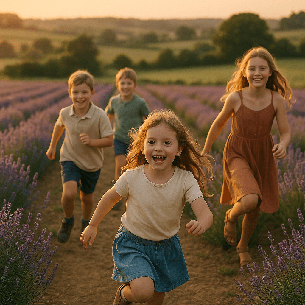 Zwei Kinder laufen spielend durch ein blühendes Lavendelfeld bei Sonnenuntergang