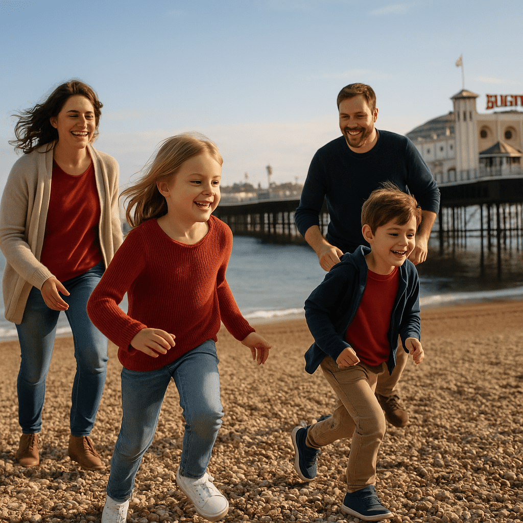 Deutsche Familie spielt am Strand von Brighton vor viktorianischem Pier