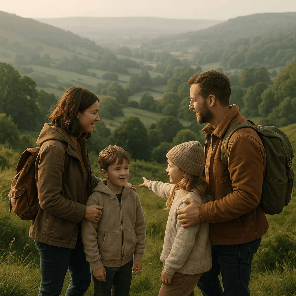 Familie mit Kindern erkundet grüne Hügel im britischen Morgenlicht