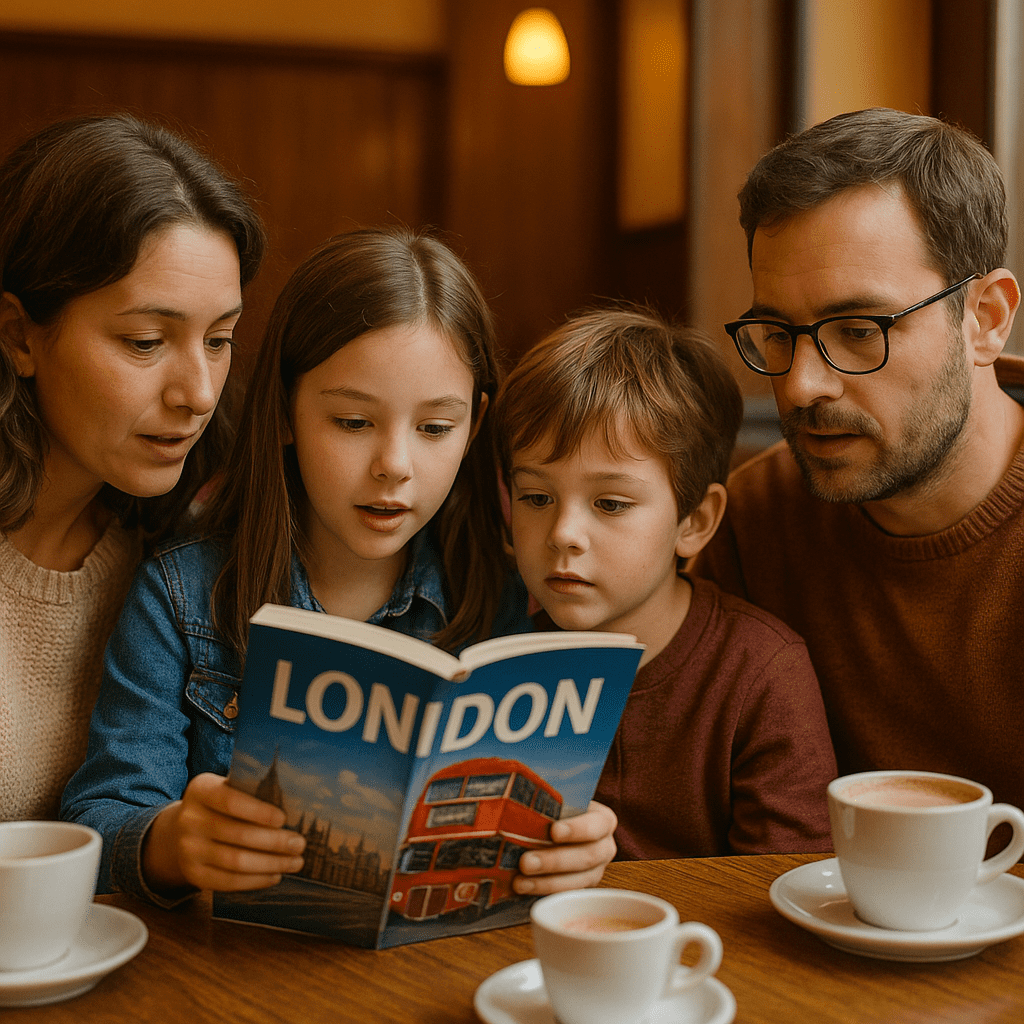 Familie liest London-Reiseführer in gemütlichem Café bei warmem Licht
